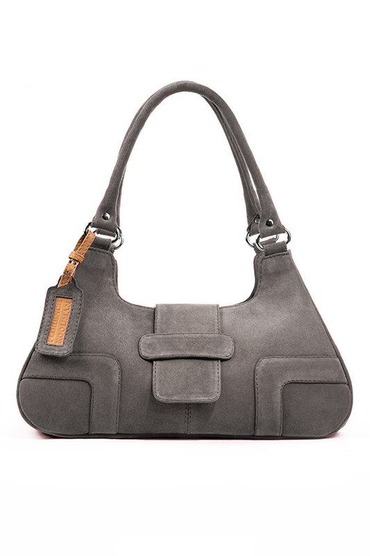 Pebble grey women's dress handbag, matching pumps and belts. Top view - Florence KOOIJMAN